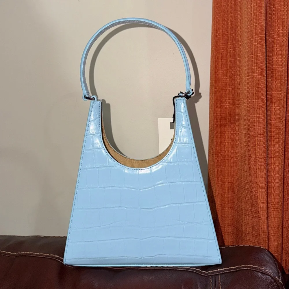 🔥🔥🔥NEW Staud Rey Blue Croc Embossed Leather Shoulder Bag - Picture 4 of 13